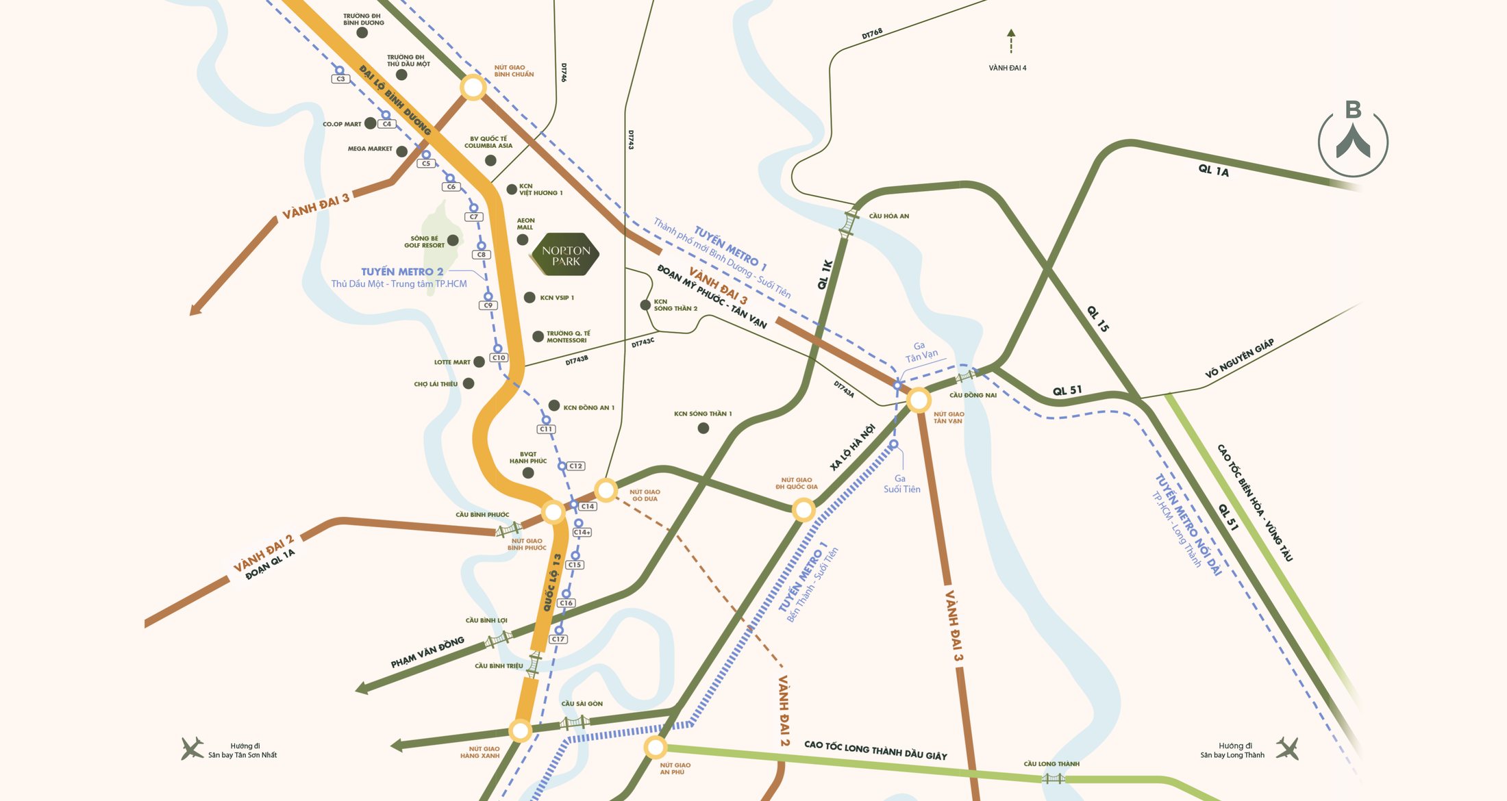 Bản đồ kết nối khu vực quanh Norton Park: Đại lộ Bình Dương, Vành đai 3, các tuyến Metro và cao tốc